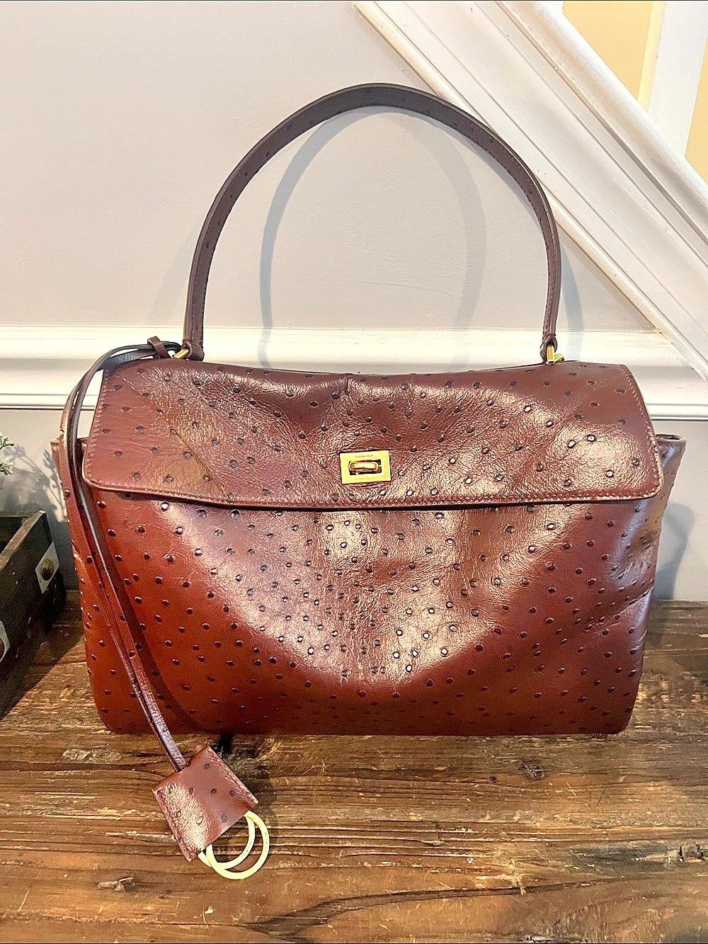 Balenciaga Rodeo Ostrich-Embossed Top Handle Bag Medium Brown